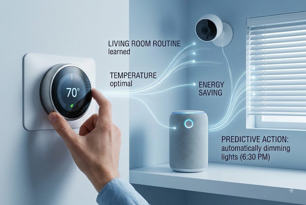 Smart speakers, thermostats, and security cameras now use AI to learn household routines.
