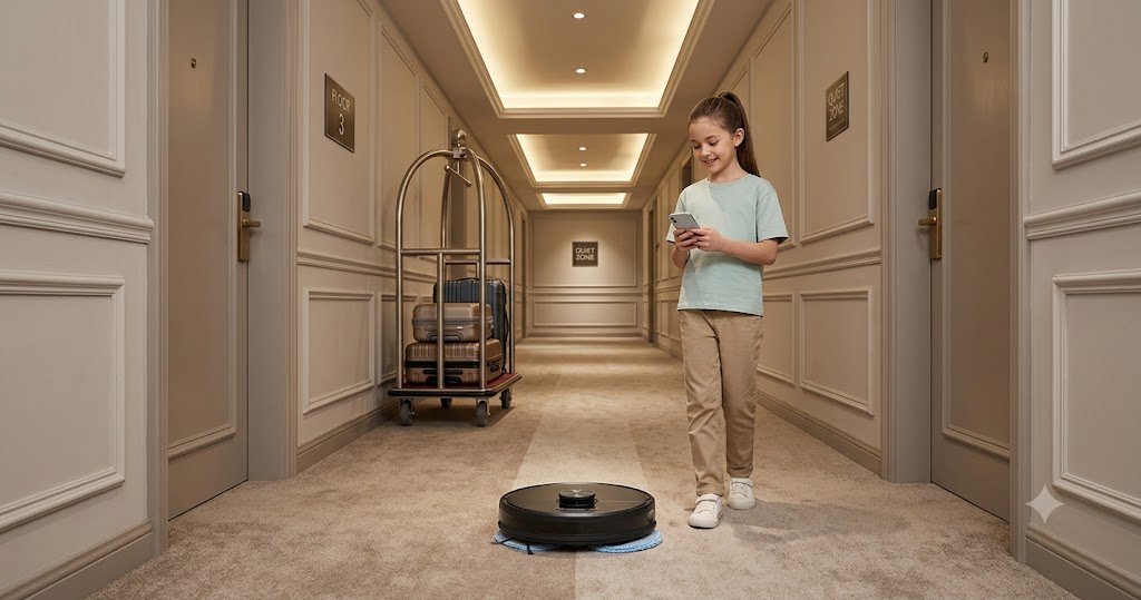 robot mop is using in a hotel