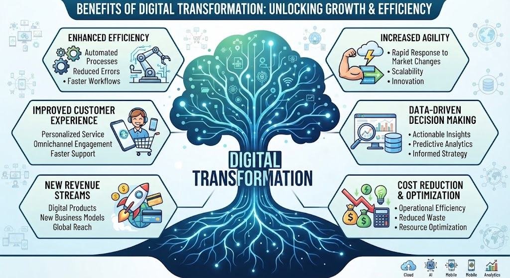 There are many benefits of digital transformation, but they can vary depending on how a business implements new technology