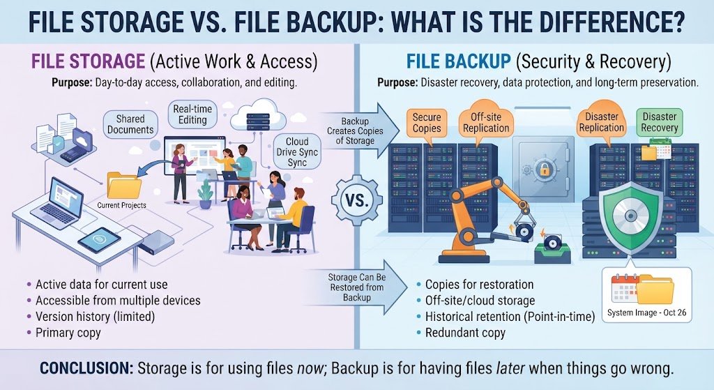 File Storage: Complete Guide to Secure Storage, Cloud Backup & Best Options File Storage vs. File Backup: What Is the Difference