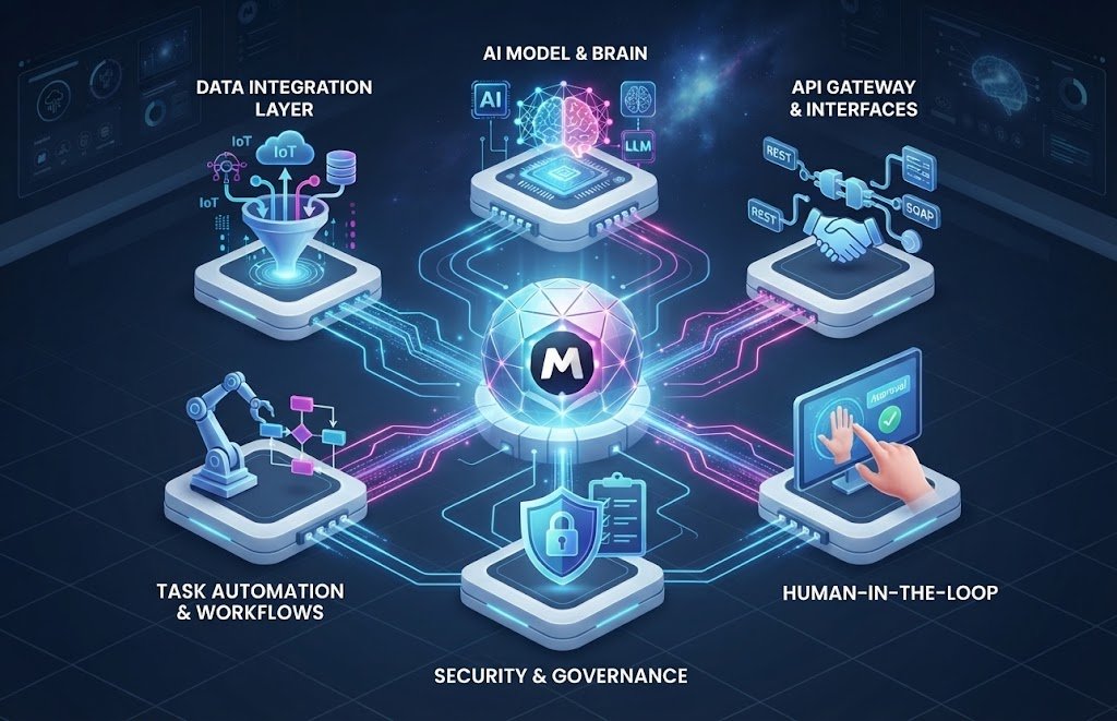 Several components usually work together to make an integrated AI agent useful.